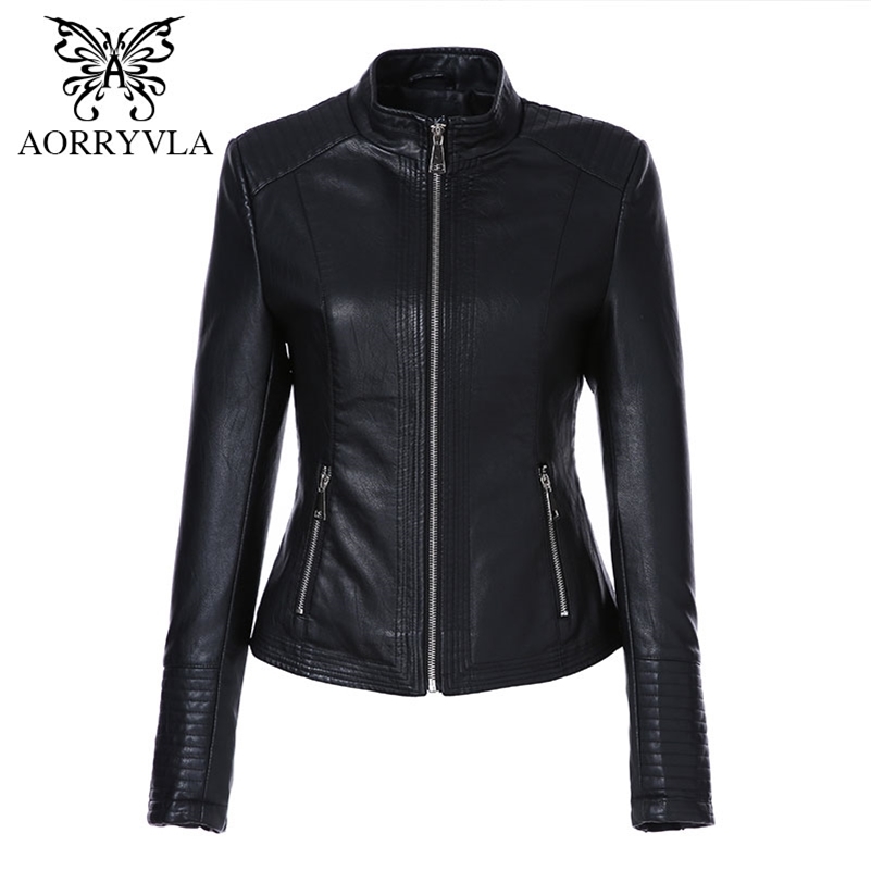 AORRYVLA Plus Size Women's Leather Jacket Mandarin Collar Zipper Black Faux Leather Jacket Slim Style Autumn Female Outwear 201226