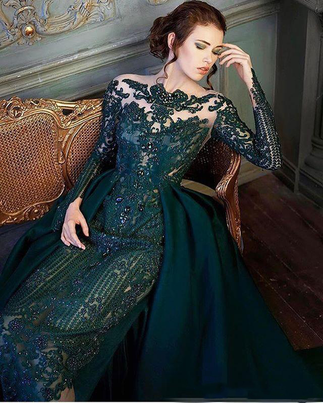 Hunter Modest Emerald Green Long Sleeve Prom Formal Dresses With Detachable Train Lace Beaded Mermaid Evening Wear Dress Lz0304