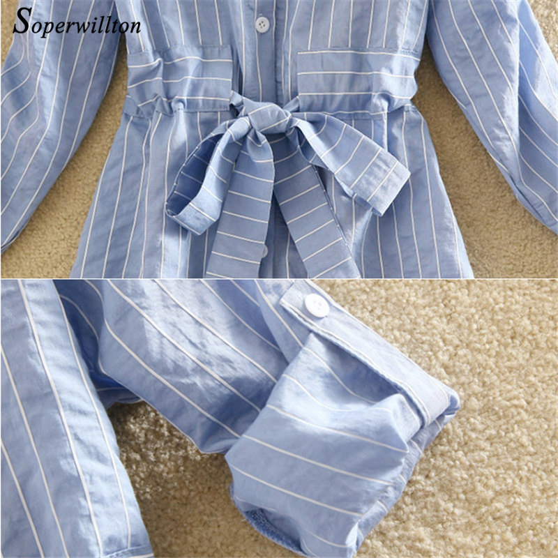 Striped Women Dress Tunic Long Sleeve Elegant Shirt Dress Blue White Black Autumn Ladies Casual Stripe Short Dress Lace Up T200117