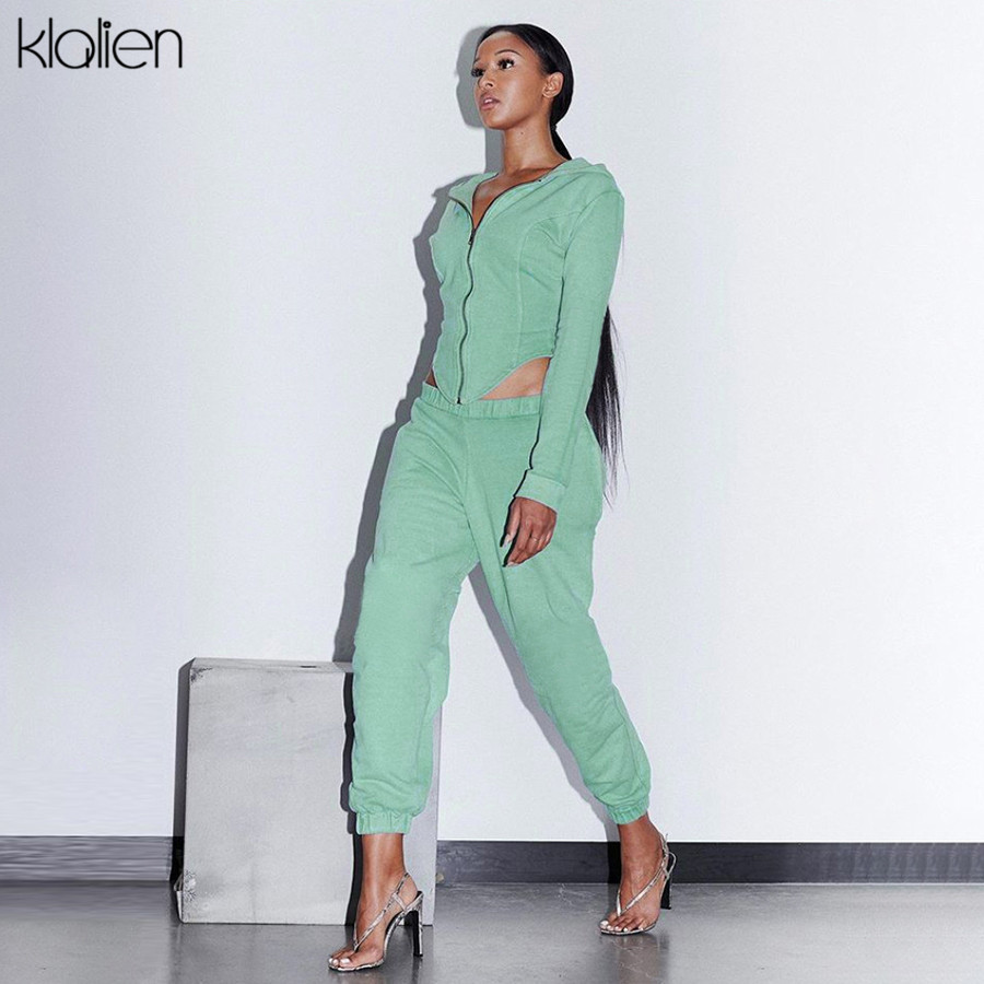 KLALIEN casual street sports style zipper hoodie and pant two piece set women tracksuit fitness female outfit high quality 201119