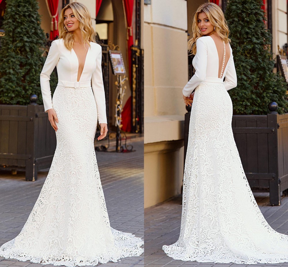 Long Sleeves Mermaid Wedding Dresses 2021 V Neck Lace Satin Lace Bridal Dress Custom Made Backless Wedding Gowns Vestido De Noiva