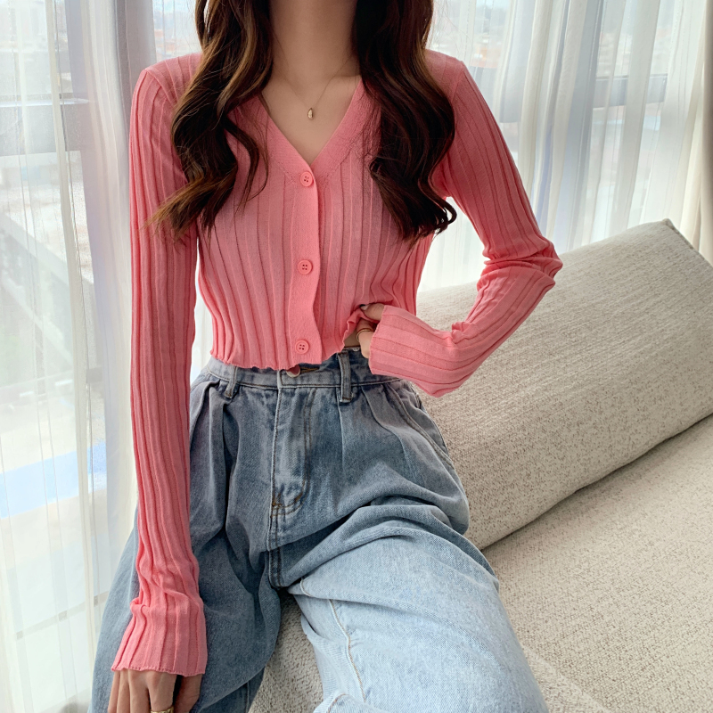 White V-neck Sweater Long Sleeve Women's Autumn New Slim Fit Cardigan Thin Coat 201031