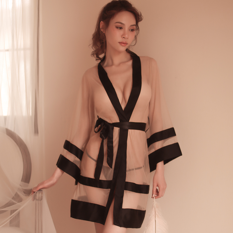 Sexy Bathrobe Temptation Transparent Mesh Gowns Sleepwear Woman Bridal Robes Long Sleeve Gauze Robe Dressing Gown 210203