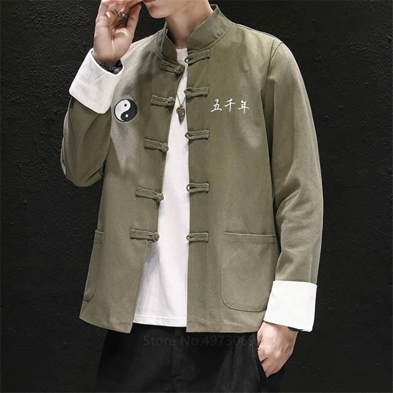 Ethnic Clothing Men Clothings 2021 Chinese Traditional Style Top Solid Color Retro Tai Chi Uniform Hanfu Fashion Autumn Tang Shirt