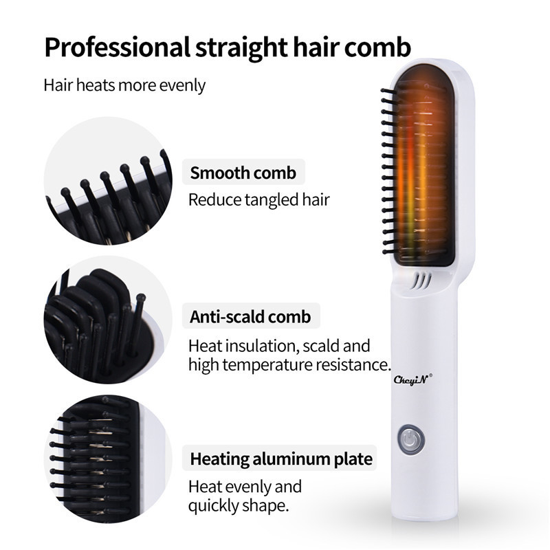 CkeyiN Professional Hair Straightener Comb Electric Wireless Straightening Beard Brush Men Salon Styling Tool USB Rechargeable 220211