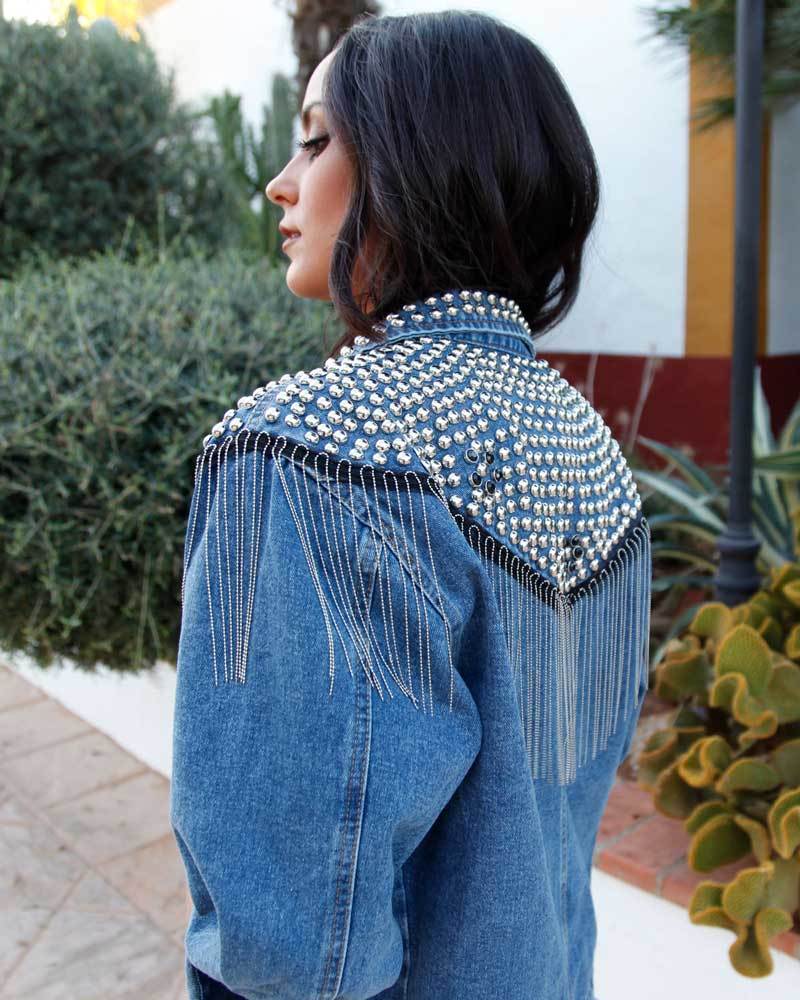 Boho Inspired blue Denim jacket with fringes long sleeve loose casual denim jacket for women autumn winter jacket women outwear