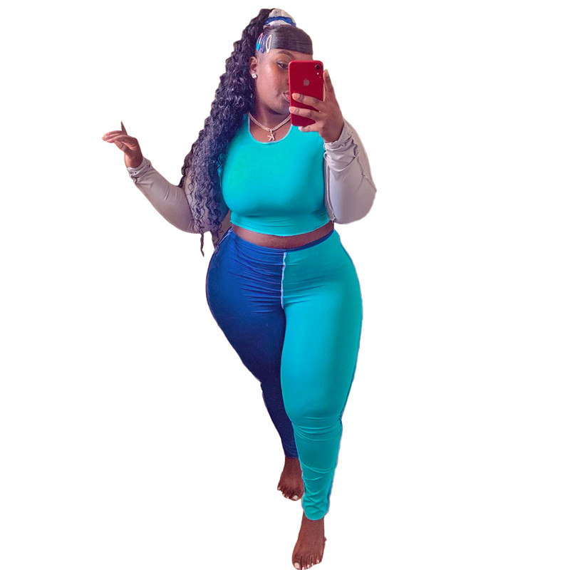 new Plus size 3X 4X Women fall winter designer bigger size clothing two piece set panelled outfits long sleeve sweatshirt crop top+pants 3957