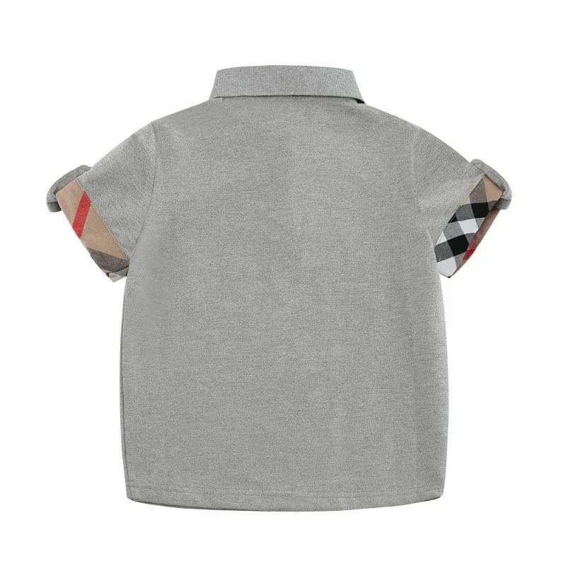 2024 Boys Plaid Cotton T-Shirts Short Sleeve Turn-Down Collar Casual Summer Tops for Kids Gray y250607BG48