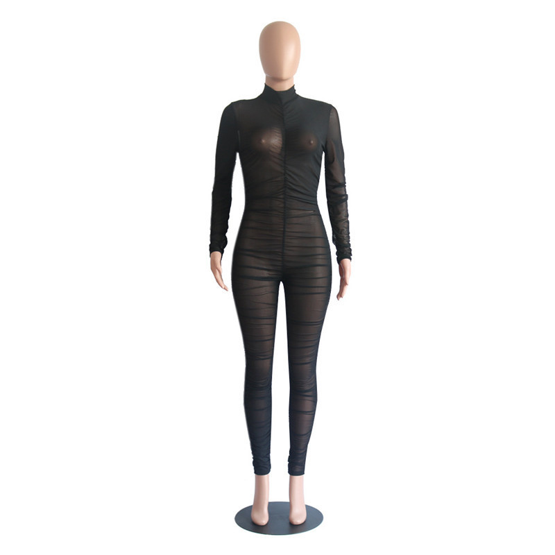 2019 New Long Sleeve Black Sexy Bodycon Jumpsuit for Women Mesh See Through Skinny Rompers Female Draped Going Out Club Overalls T200107