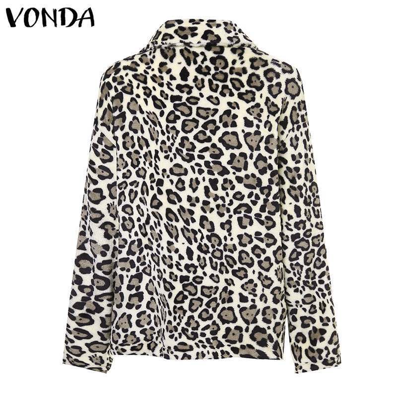 2019 VONDA Women's Fashion Long Sleeve Casual Warm Fleece Jackets Leopard Print Cardigan Oversized Winter Faux Fur Coats Outwear T200111