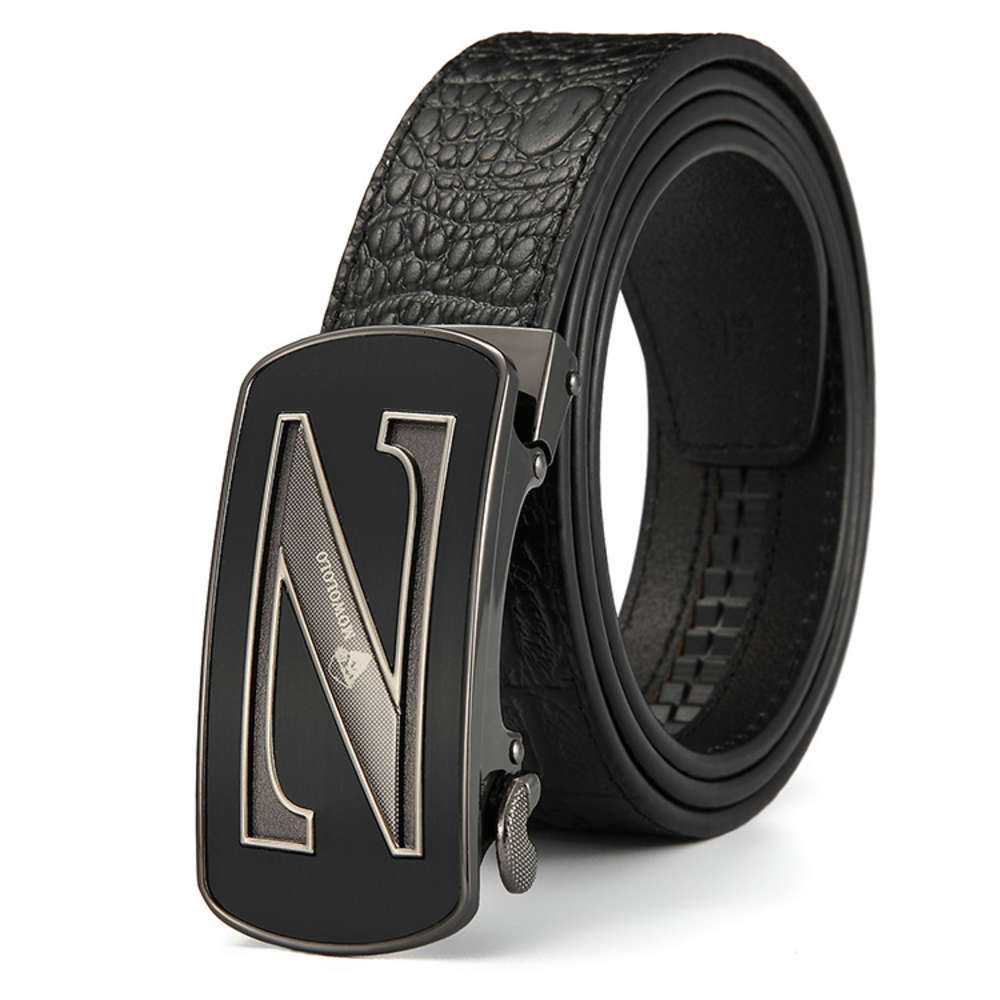 Taobao men's leather crocodile belt automatic buckle leather belt, Black