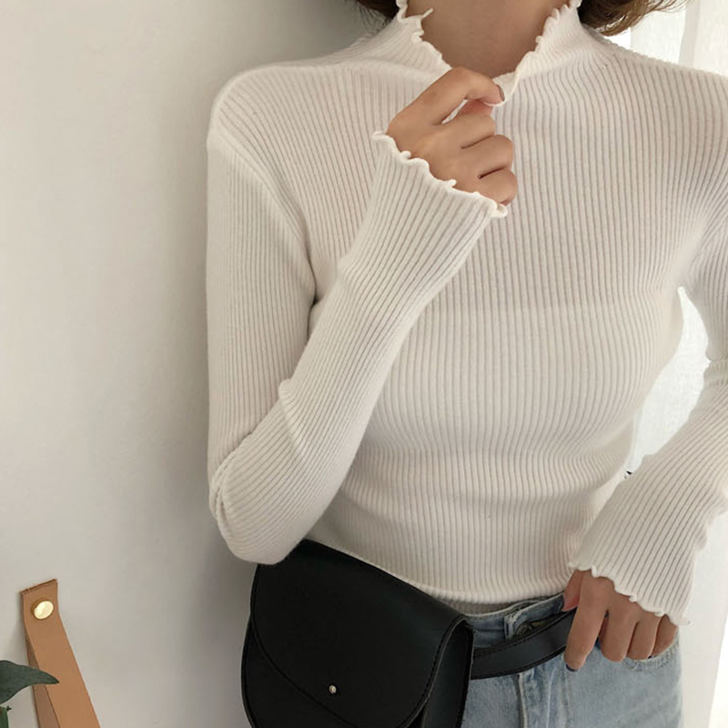 shintimes Women Sweater Slim Sexy Knitted Turtleneck Ruched High Elastic Solid Fall Winter Fashion Sweater Women Pullovers 201111wtt