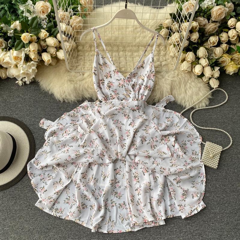 New Summer Flower Print Spaghetti Strap Dress Female V Neck High Waist Sexy Dress Ladys Red Mini Dress T200603