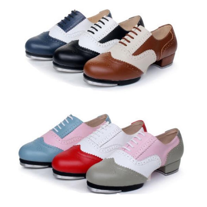 New Arrival Women Men Genuine Leather Lace-Up Tap Dance Shoes Vintage Style Quality Split Soles Tap Dancing Shoes 201017