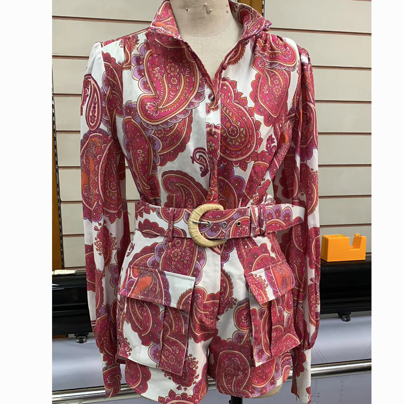 Fashion Women Clothes Red Print 2 Piece Sets Long Sleeve Stand Collar Blouse and Shorts with Sash Cottom Linen T200716