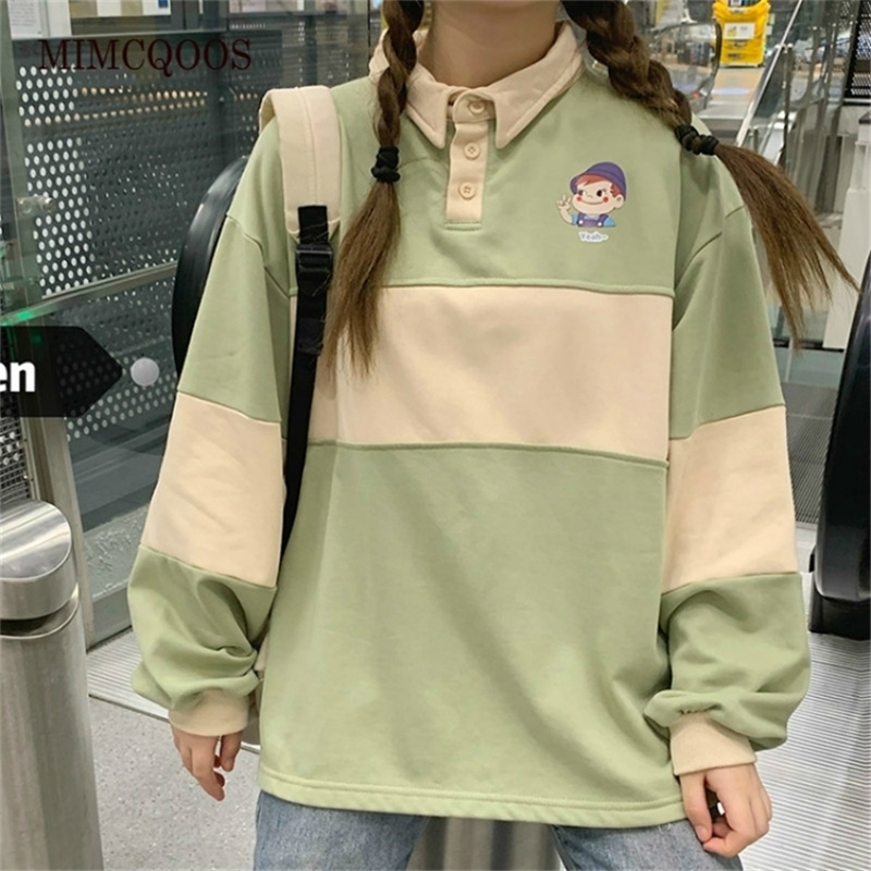 Autumn Winter Women's Sweatshirts Polo Korean Casual Cartoon Print Preppy Style Patchwork Loose Oversized Women Sweatshirt 201209