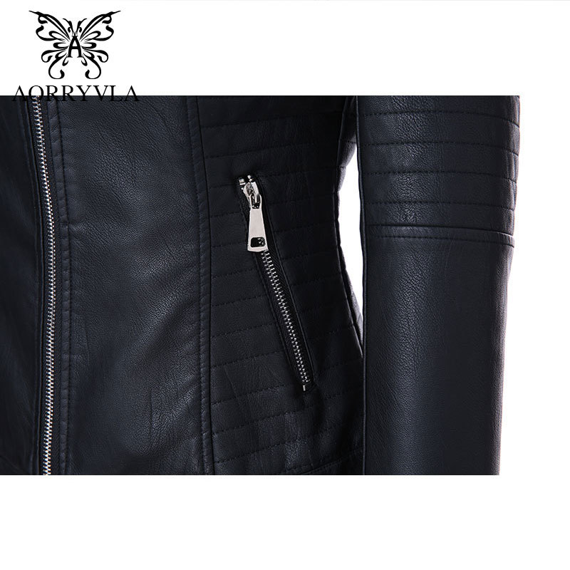 AORRYVLA Black Short Autumn Womens Leather Jacket Long Sleeve Mandarin Collar Moto Biker Zipper Slim Quilted PU Leather Jacket 201226