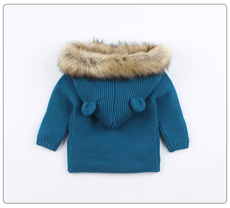 New Fashion Baby Sweater Coat Cute Fur Collar Animal Hooded Knitting Autumn Winter Warm Clothes For Baby