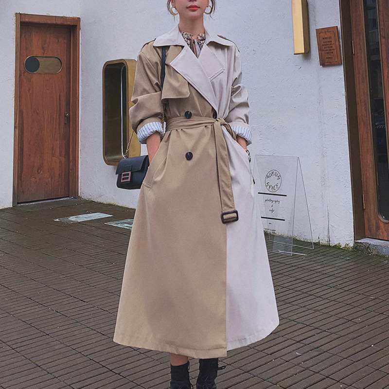 [DEAT] Women's Coat Hit Color Lacing Slim Full Sleeve Over Long Wild Loose Casual Trench New Autumn Fashion Clothing AM791 201211