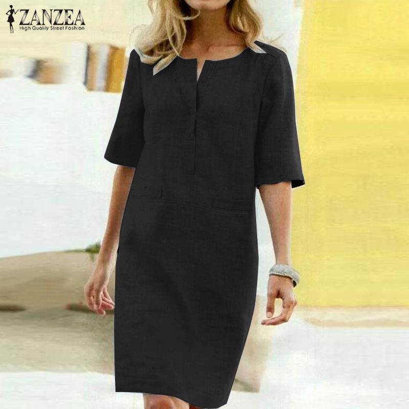 ZANZEA Shirt Dress Women's Summer Sundress Vintage Casual Tunic Vestidos Elegant Female Half Sleeve Party Robe Plus Size T200613