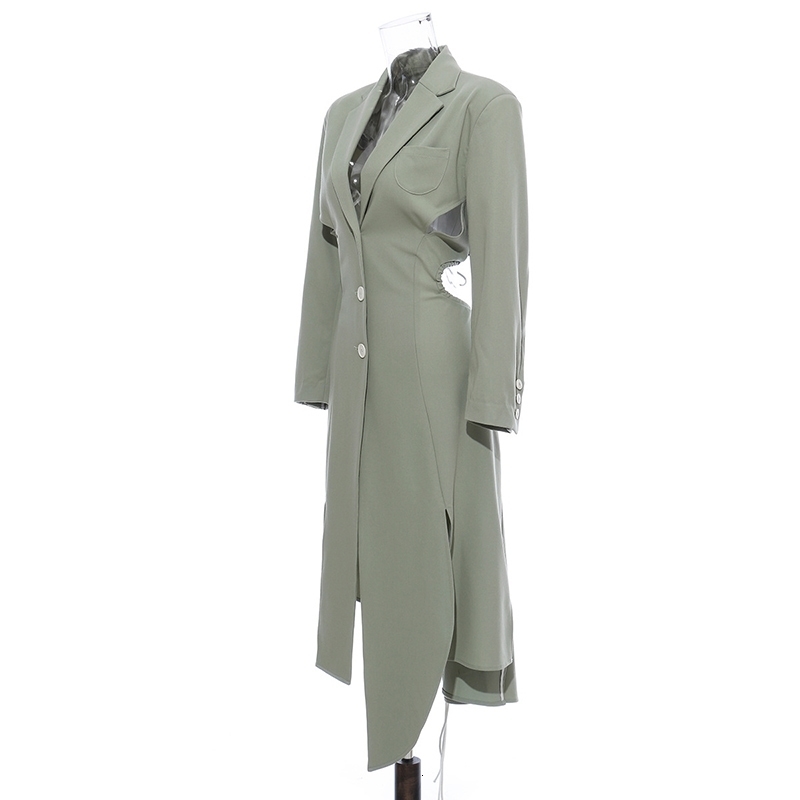 [EAM] Women Asymmetrical Hollow Out Long Trench New Lapel Long Sleeve Loose Fit Windbreaker Fashion Spring Autumn LJ201128