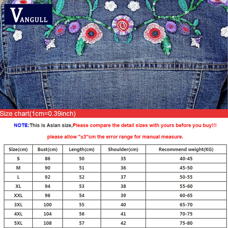 Vangull Plus Size 5XL Floral Women Denim Coat Embroidery Short Basic Ladies Jean Jacket Slim Flower Outwear Jackets 201112