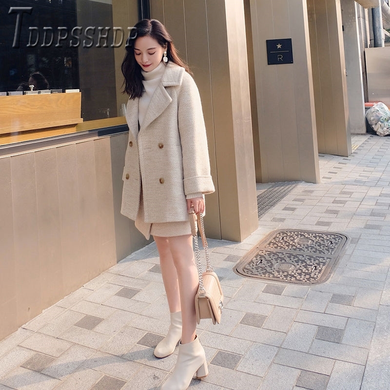 Autumn Winter Temperament Women Sets Woolen Coat And Skirts Female Sets 201102