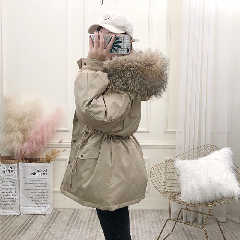 FTLZZ White Duck Down Coat Women Winter Jackets Large Natural Raccoon Fur Hooded Parkas Female Sash Tie Up Warm Snow Outwear 201023