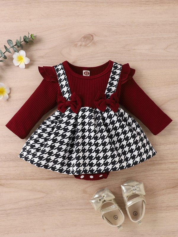 Baby Houndstooth Panel Ruffle Trim Bow Front 2 In 1 Combo Bodysuit Dress SHE