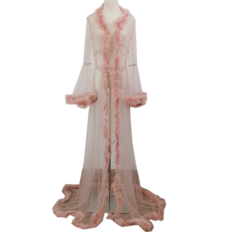 Pink Ruffles Women Winter Luxury Fur Feather Kimono Pregnant Party Sleepwear Full Sleeves Maternity Photoshoot Dress For baby Shower