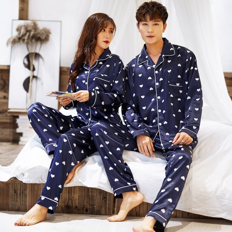 CAIYIER Winter Couple Pajamas Set Silk Loves Print Long Sleeve Sleepwear Men & Women Casual Big Size Lovers Nightwear M-5XL 201027