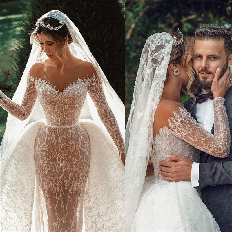 Luxury Beads Mermaid Wedding Dress With Detachable Train Full Lace Long Sleeve Robe De Mariée Sweep Train Church Gorgeous Bridal Gowns