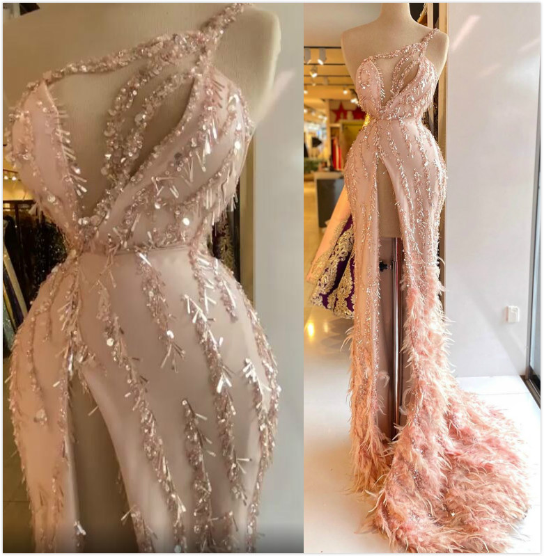 arabic aso ebi pink luxurious sparkly evening dresses feather sequins prom dresses high split formal party second reception gowns zj223