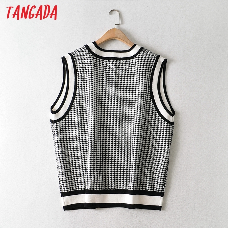Tangada fall women plaid oversized sweater cashmere knitted pullover sweater v neck high quality jumper 3H679 201221