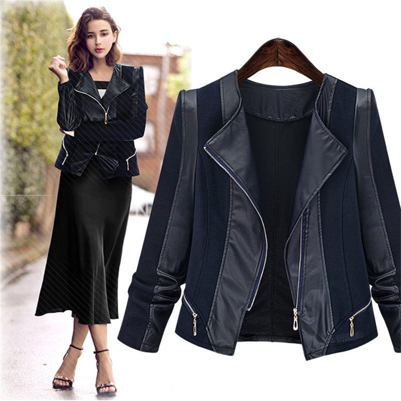QMGOOD Fashion Female Windbreaker Autumn Large Size Leather Jackets for Women Slim Casual Black Leatherette Spliced PU Coat 201030