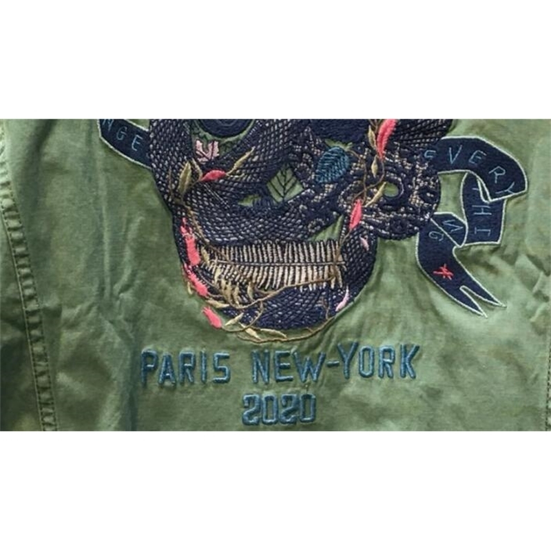 Army Green Military Jacket Shirt Collar Front Patch Pockets Long Sleeves Back Skull Snake Embroidered Fashion coat 201126
