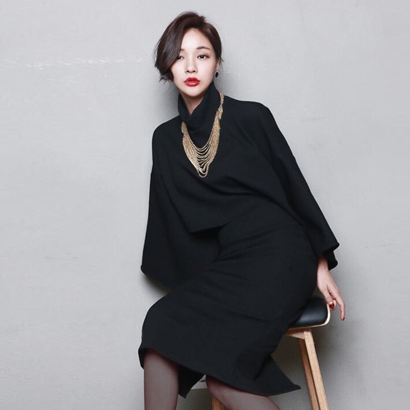 Winter Batwing Sleeve High Waist Wool Women 2 Piece Skirt Sets Open Split Pullover Women Dress Suit Two Piece Set T200325