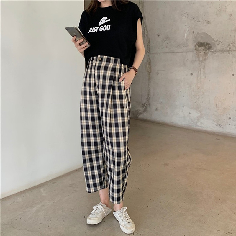 HOUZHOU Summer Checkered Pant Plaid Pants Korean Style Wide Leg Casual Loose High Waist Straight Trousers 201109