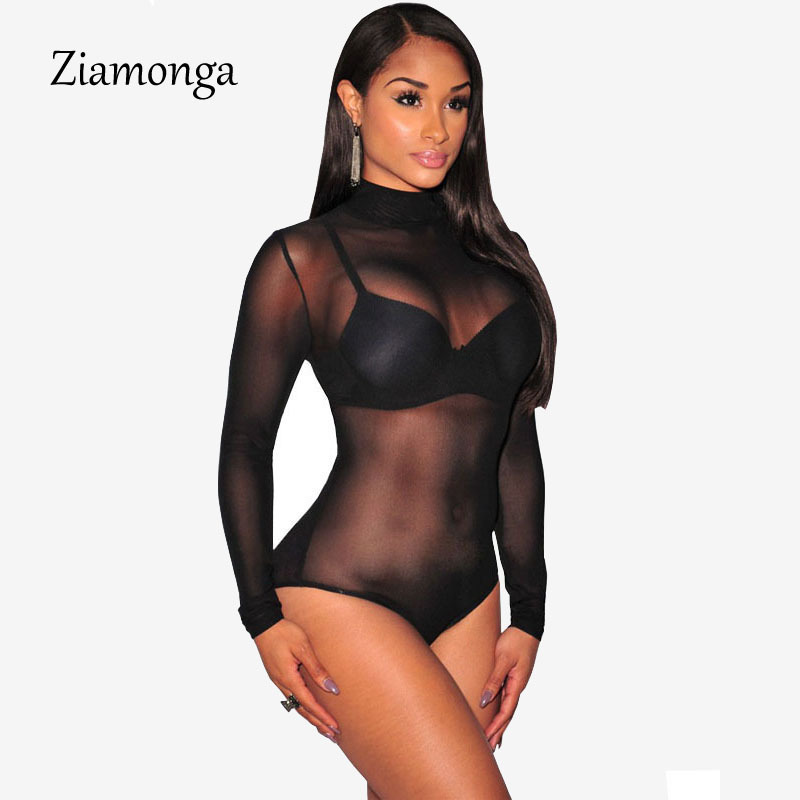 Nude Transparent Sexy Bodysuit Women Rompers Bodycon Jumpsuit Long Sleeve Mesh Bodysuit Sheer See Through Turtleneck Bodysuits T200527