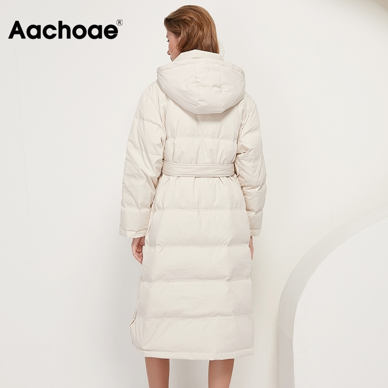 Aachoae Women 90% White Duck Down Long Coats With Belt Winter Thick Warm Hooded Coat Parka Female Outwear Down Jacket 201029