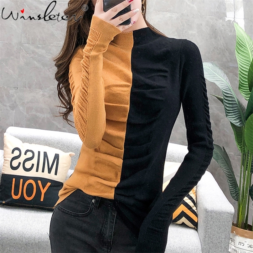 Patchwork Thicken Knit Sweater Autumn Winter Fashion Slim Women Turtleneck Pullover Ruched Women Jumper Elastic T07807B 201223