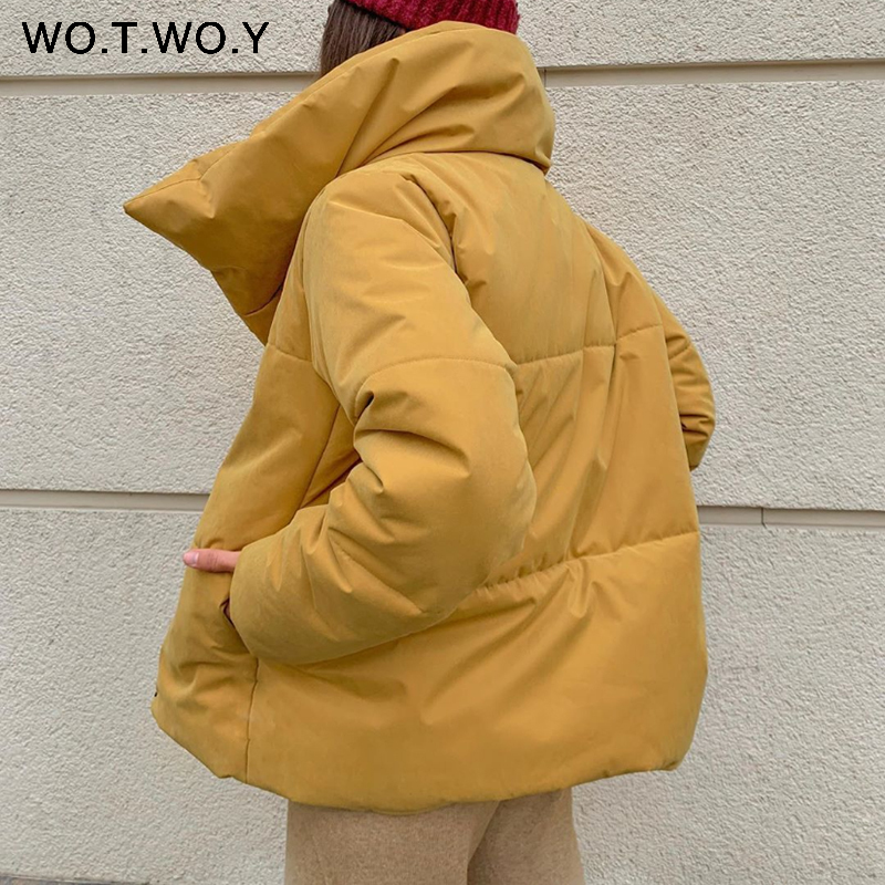 WOTWOY Oversized Cropped Winter Jacket Women Windbreaker Cotton-Padded Parkas Women Solid Casual Thick Jackets Female Outerwear 201029
