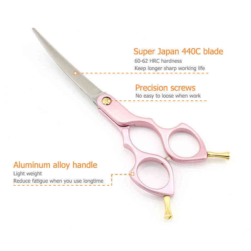 Pet dog Grooming Scissors Curve 6 Inch Curved Pink Golden or Blue Handle Super Japan 440C Lyrebird TOP CLASS 220121