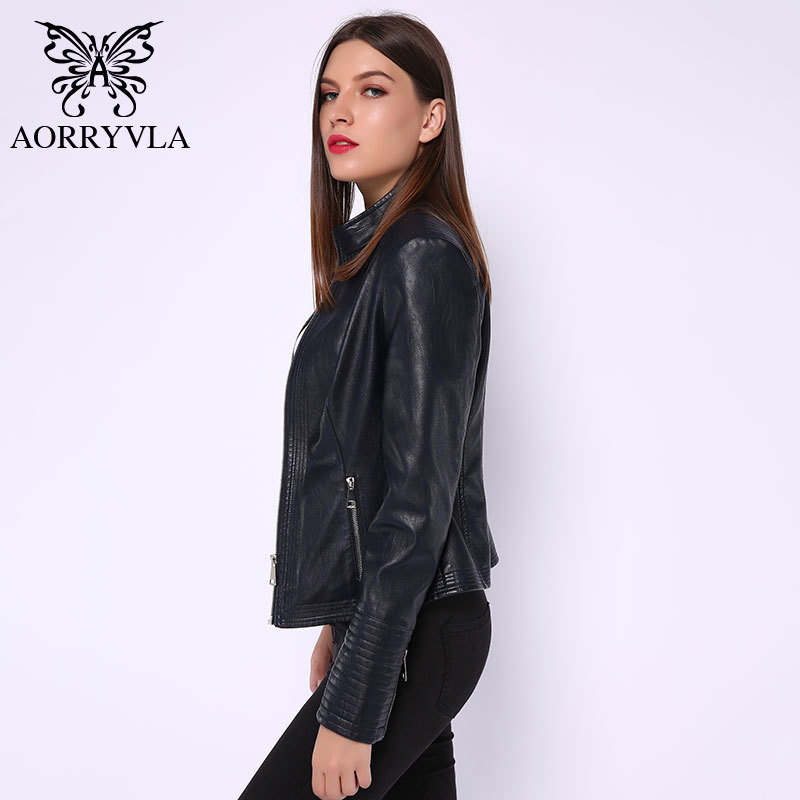 AORRYVLA Plus Size Women's Leather Jacket Mandarin Collar Zipper Black Faux Leather Jacket Slim Style Autumn Female Outwear 201226