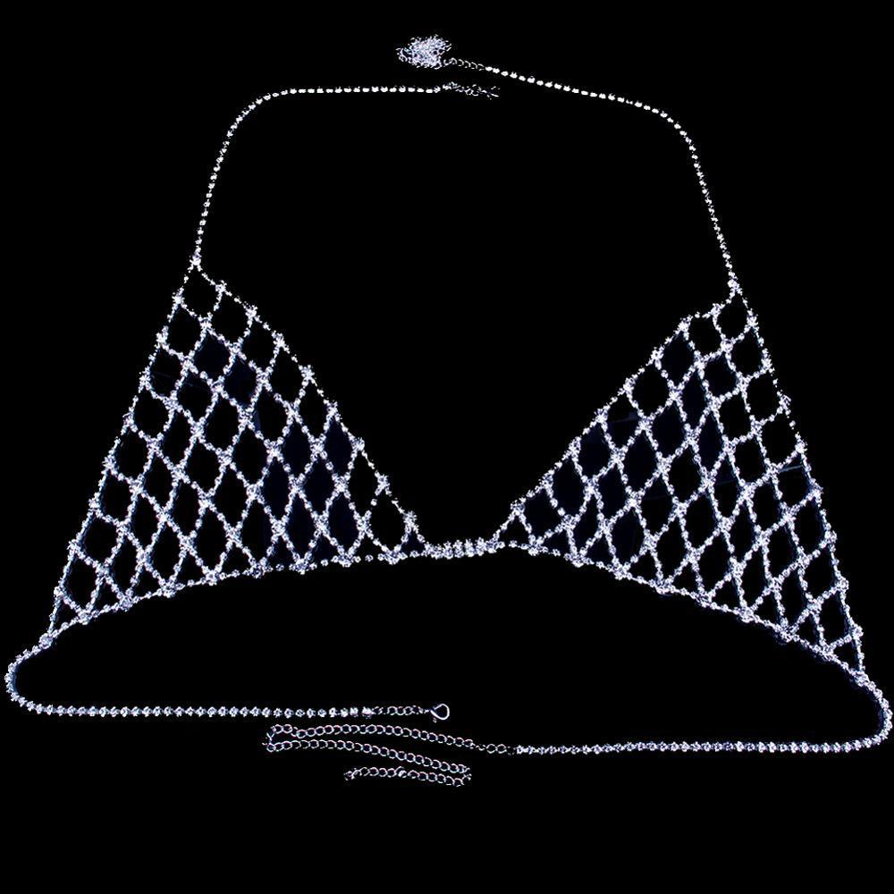New Lovers Sexy Mesh Body Chain Necklace Crystal Bra and Thong Panties for Women Rhinestone Body Accessories Jewelry Underwe Set T200508