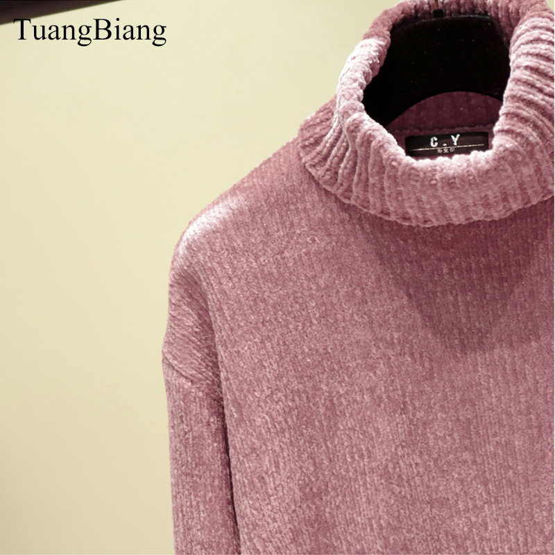 Chic Vintage Chenille Cashmere Womens Full sleeve Gold Velvet Sweaters Winter Ladies Solid Turtleneck Loose Female jumpers 201221