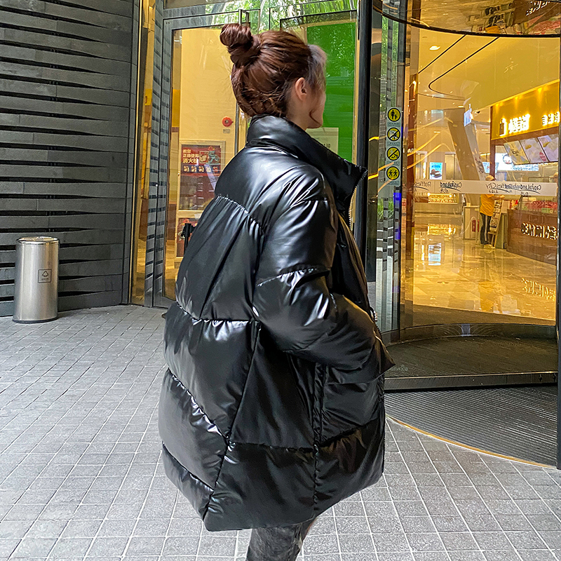 Long Parkas Female Winter Stand Collar Oversized Shiny Women's Jackets Solid Thick Big Pockets Loose Casual Overcoat Female 201214