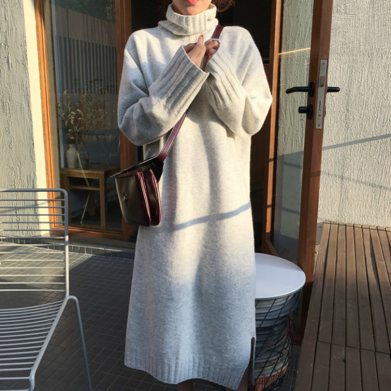 Women Autumn Winter thick Turtleneck long Sweater Dress ladies Long Sleeve straight split Knitted pullover dresses solid 201029
