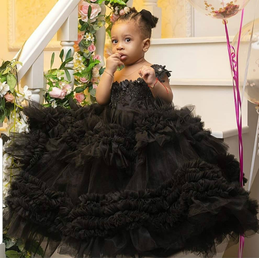 black luxurious flower girl dresses lace beaded sheer neck little girl wedding dresses cheap communion pageant dresses gowns zj621