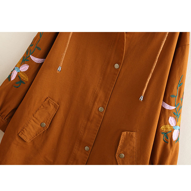 Plus Size Women Trench Coat 2019 Spring Loose Hooded Pocket Zipper SevenPoint Sleeve Embroidered Windbreaker Female Outerwear T200810
